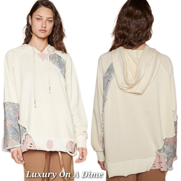 POL Hoodie Floral Contrast Patchwork Top Distressed Raw Exposed Seam Sweatshirt - Picture 2 of 15